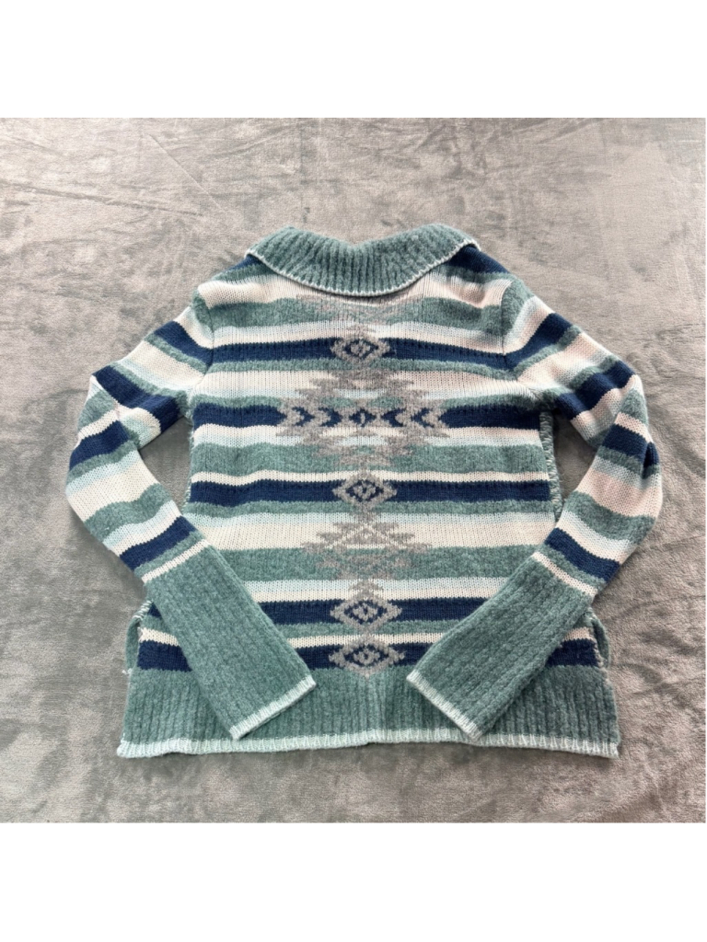 Smartwool Sweater Women’s M CHUP Wool Blend Half Zip Aztec Boho Knit Blue Green - Picture 14 of 15